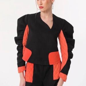 NEW Gigot Sleeve Contrast Panel Blouse - Women Medium